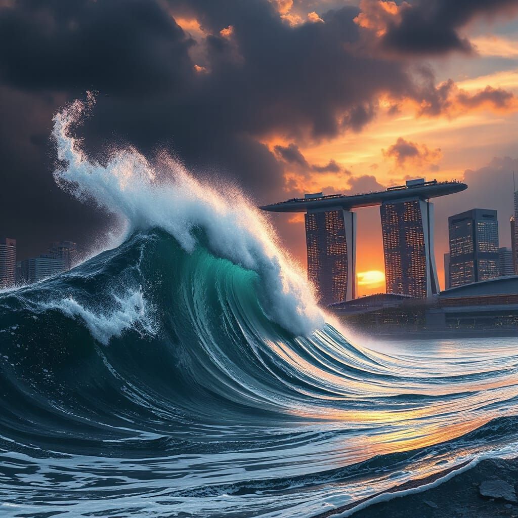 Singapore Tsunami: Hyper-Realistic Futuristic Wave