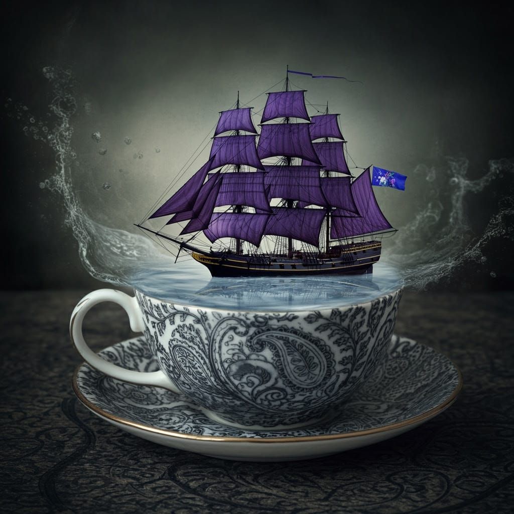 Whimsical Galleon in a Teacup Scene in a Gothic Style