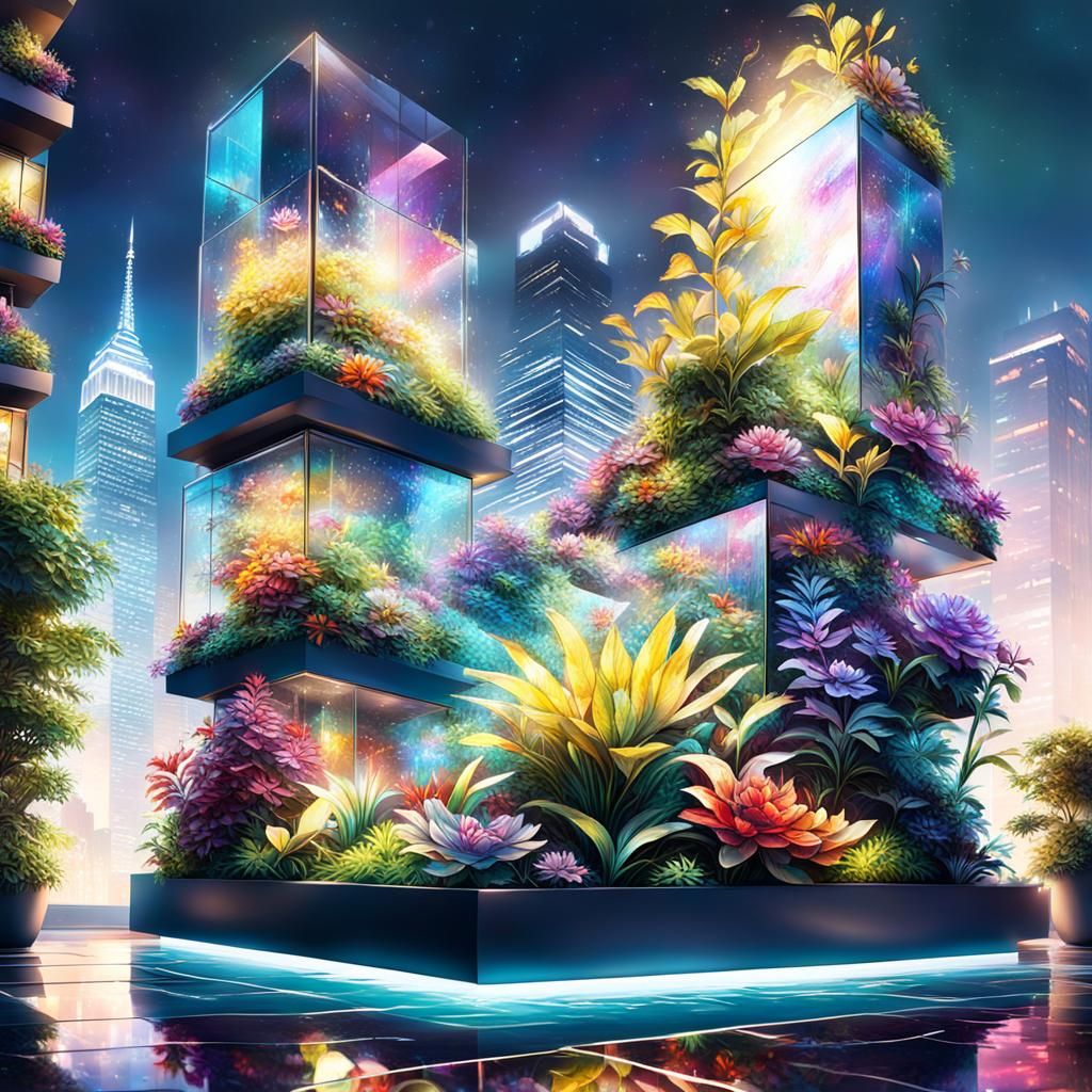 Hyperrealistic Penthouse Garden Overlooking Colorful City at...