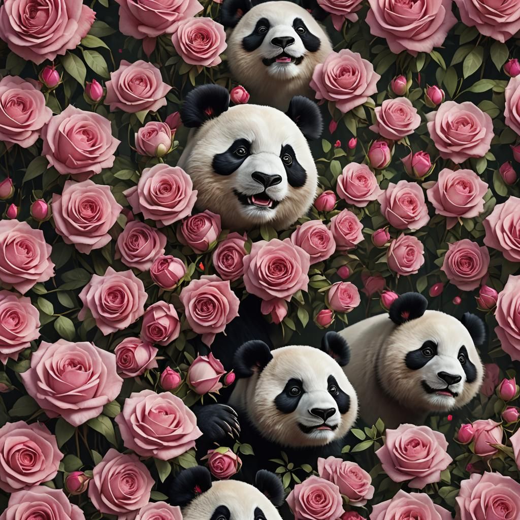 Panda Face in Bouquet of Pink Roses
