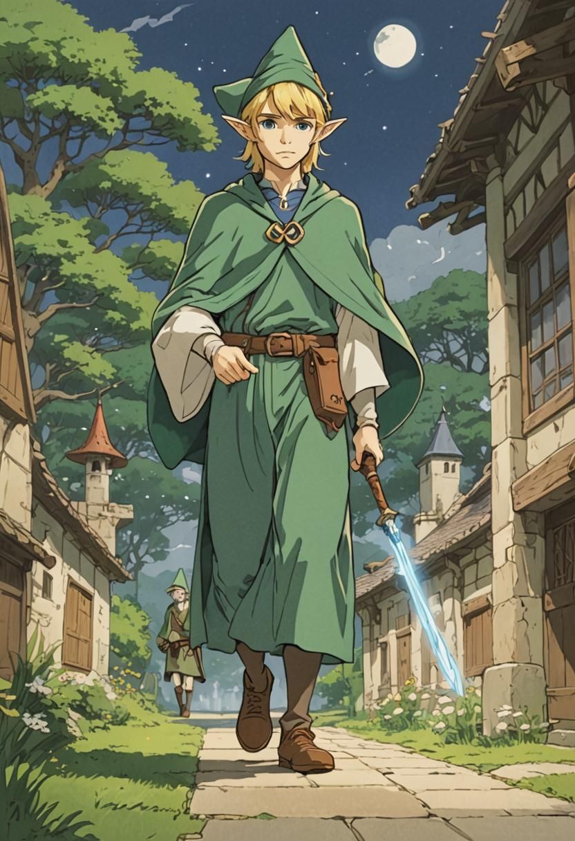 Blonde Half-Elf Wizard in Studio Ghibli Style