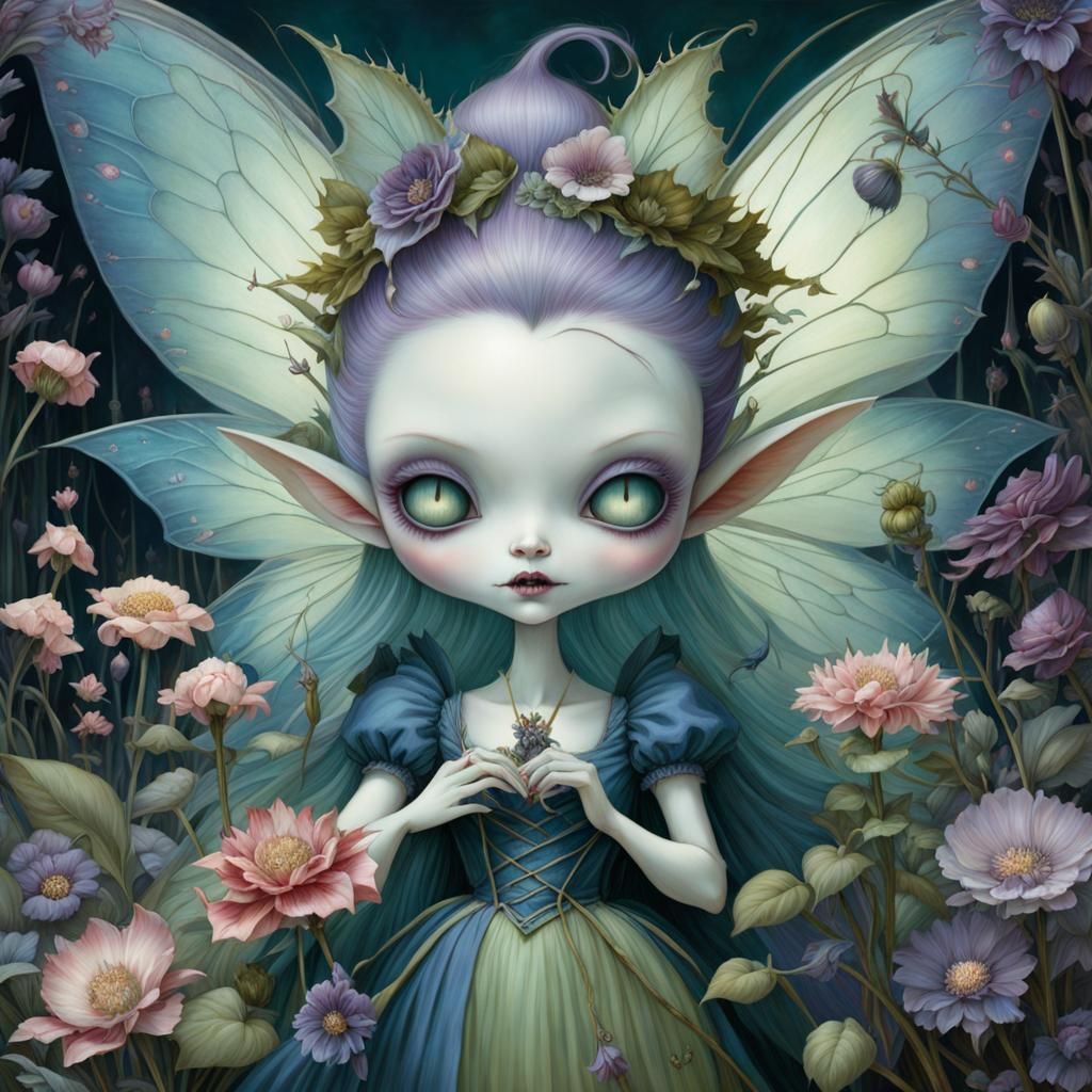 Evil Fairy Biting Flower in Night Garden