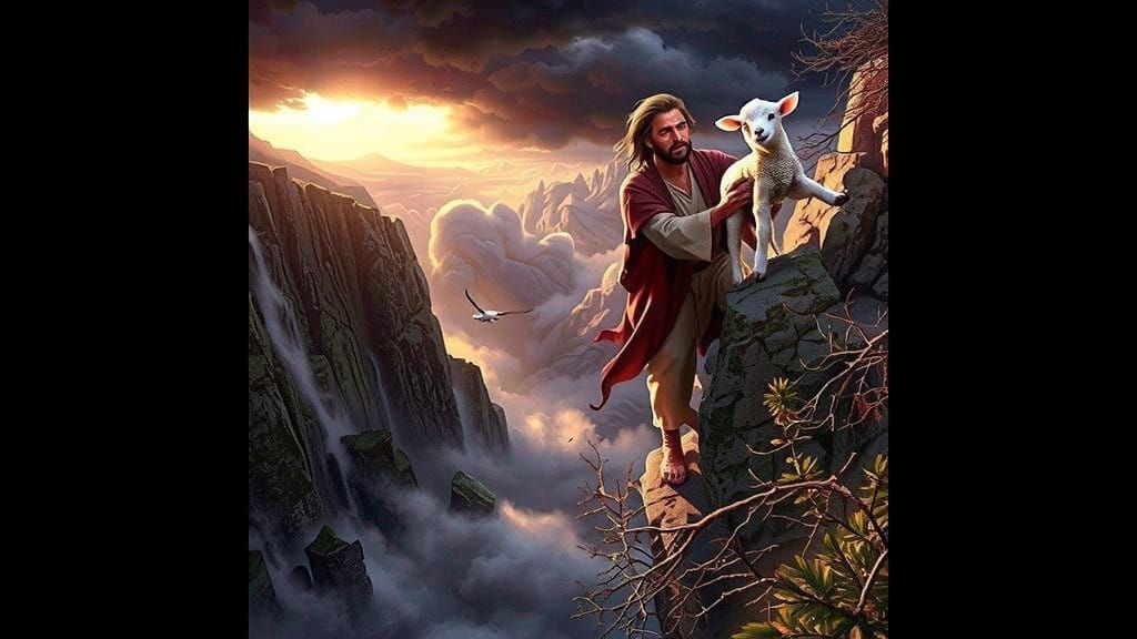 Benevolent Pastor Seeks Vulnerable Lamb in Serene Wilderness