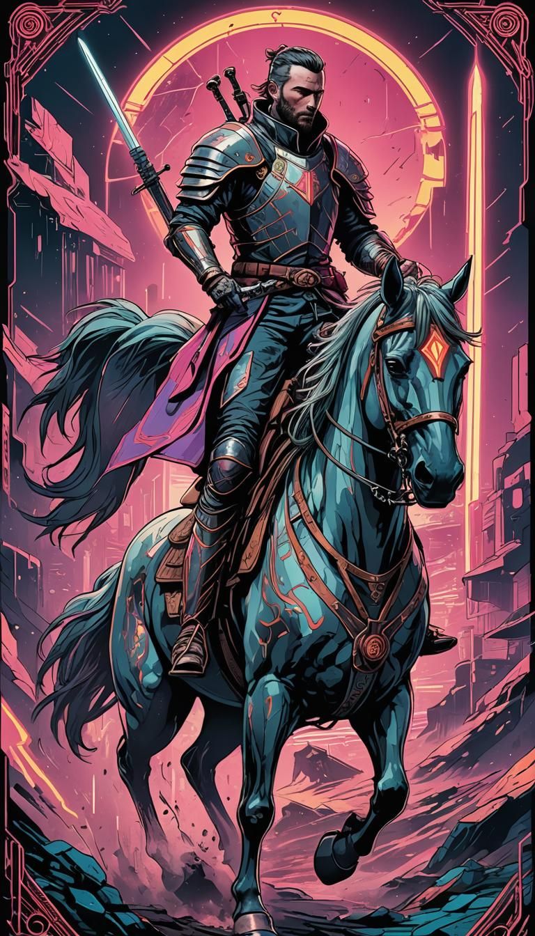 Knight of Swords Tarot Card in Cyberpunk Style