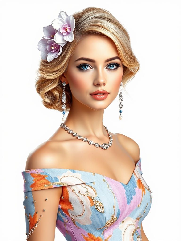 Full body, enchanting hyper realistic detailed oil painting inked with delicate precision of a young elegant and glamoro...