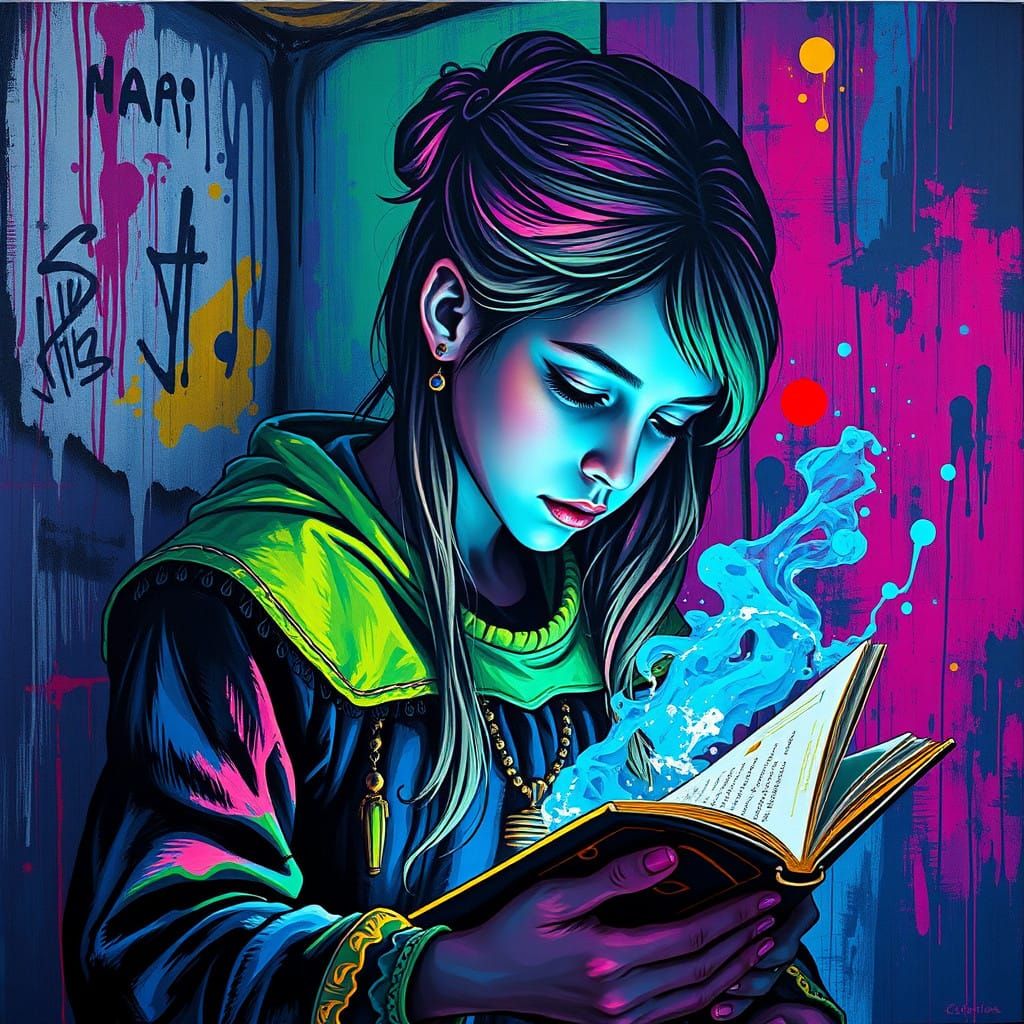 Girl Reading a Magical Book in a Mysterious Old Attic