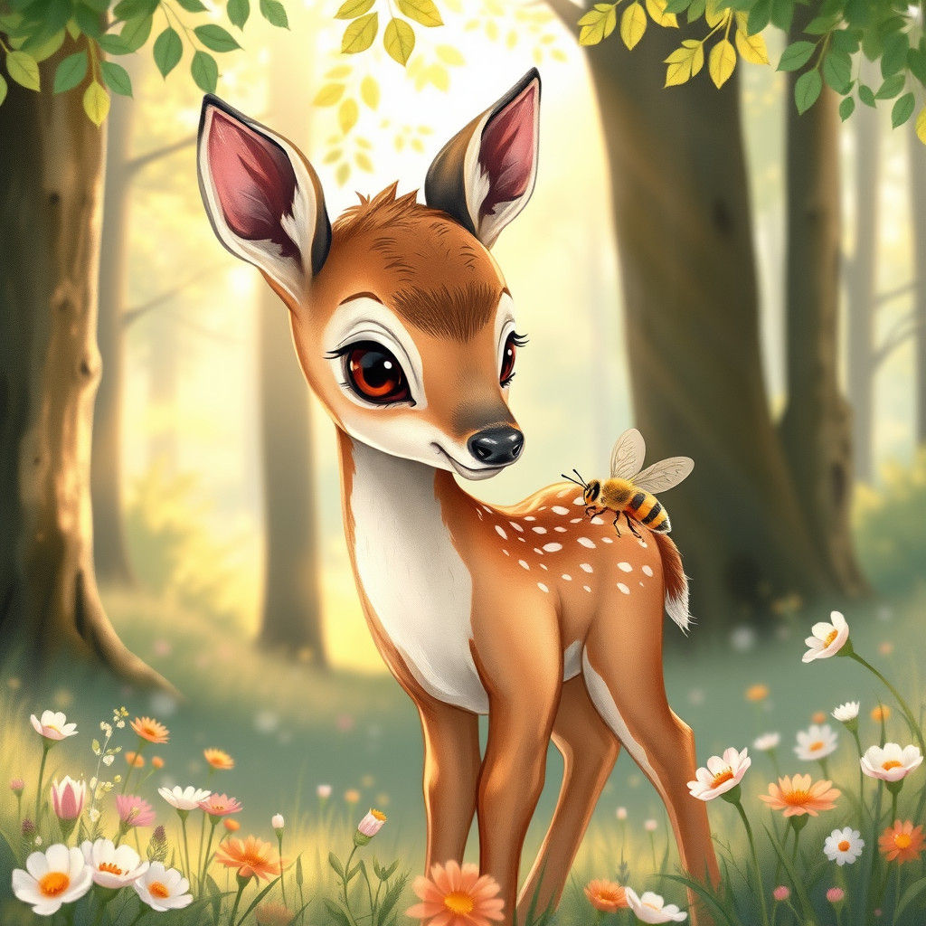 Baby Deer with Bee, Watercolor Forest Scene