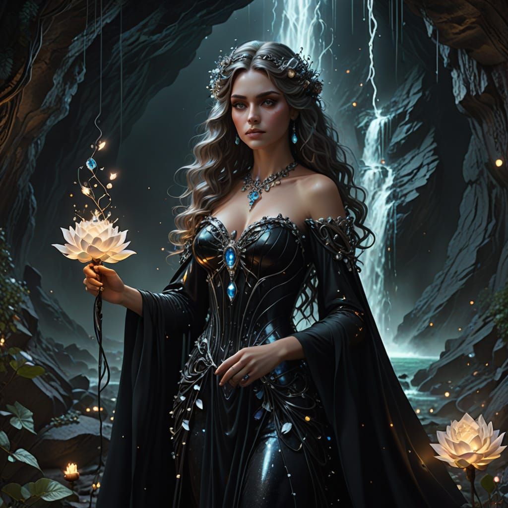 Enchanting Witch with Crystal Staff and Roses