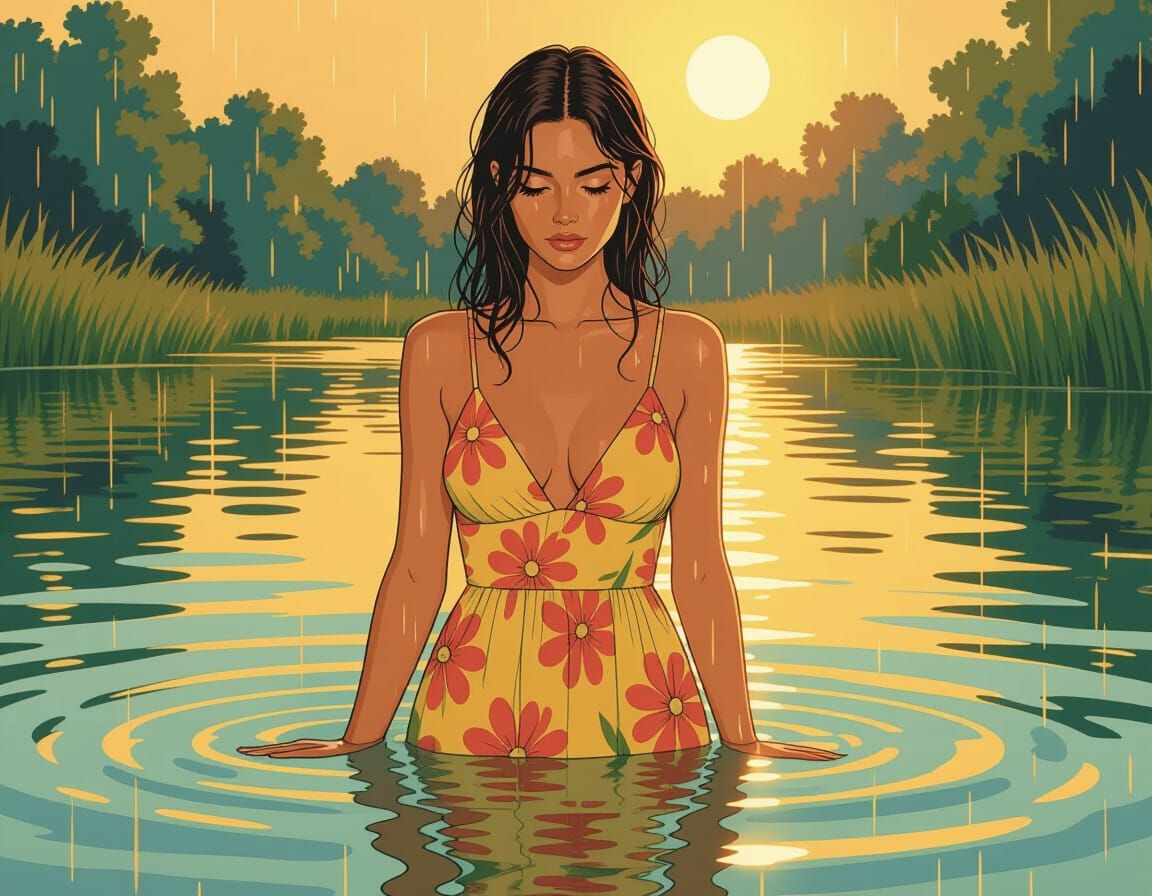 Woman Pouring Summer Rain in Cel-Shaded Style