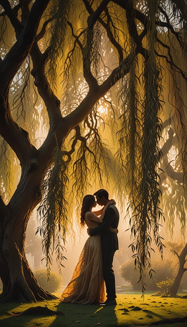 Embracing Silhouettes Under Willow in Sensual Surrealism