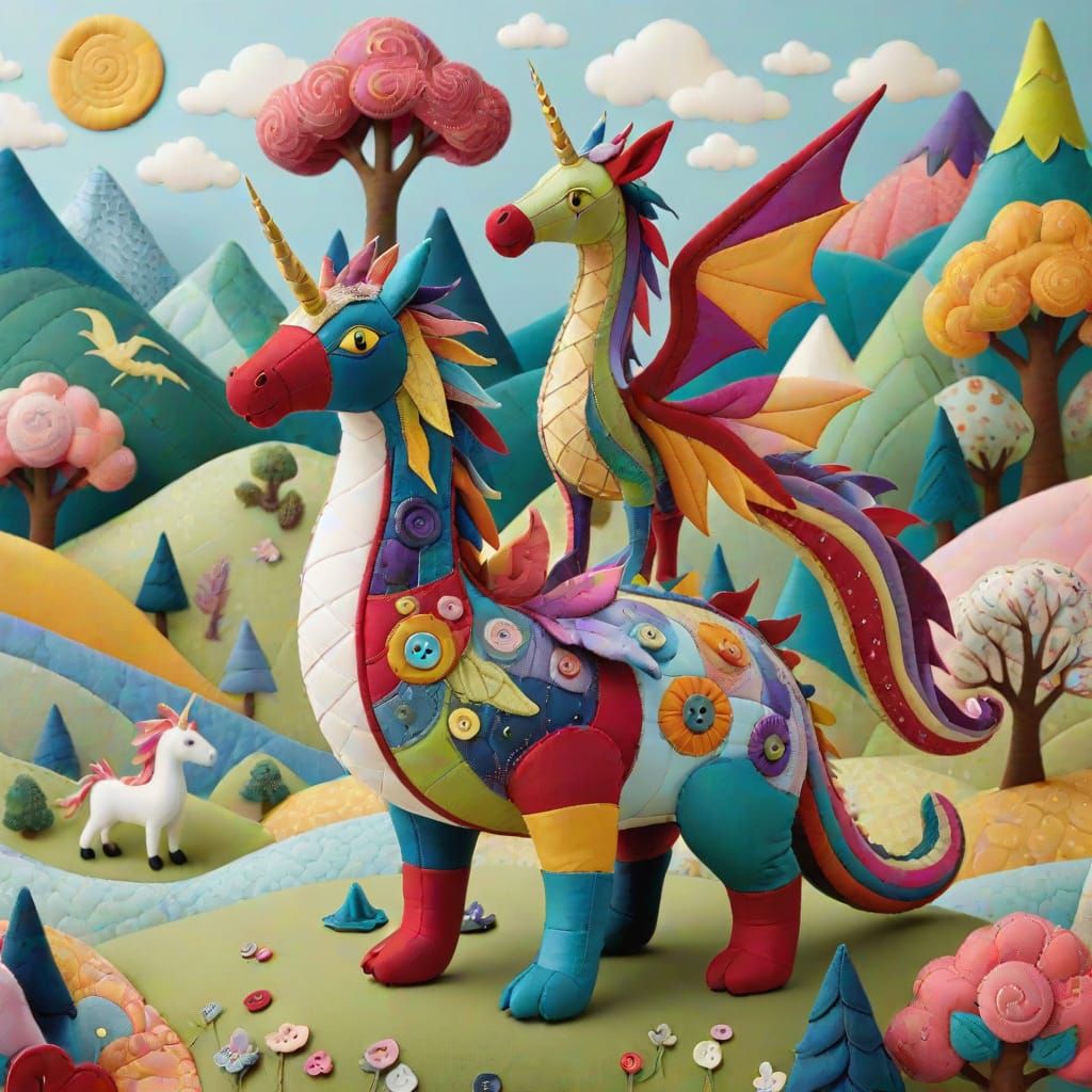 Whimsical Patchwork Creatures Amidst Fabric Dreamscape