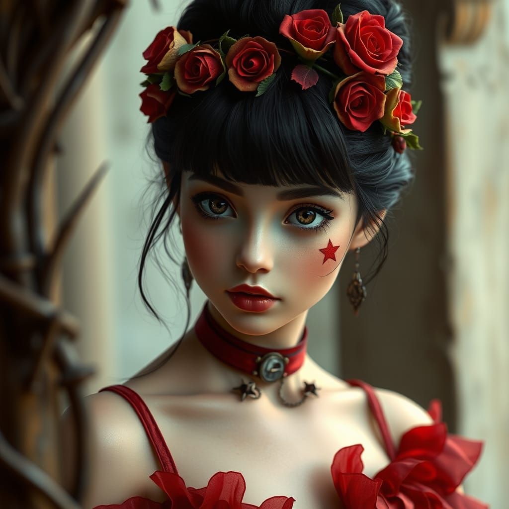 Steampunk Beauty in Red Ruffle Dress with Rose Crown and Tho...