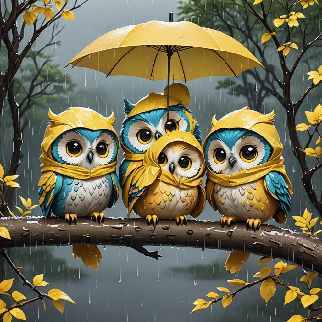 Chibi Anime Owls in Rain Jackets Illustration