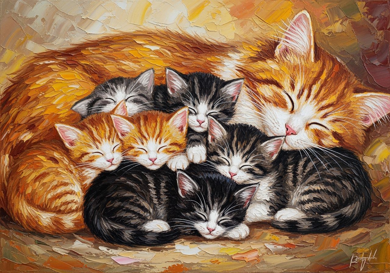 Sleeping Kittens and Mother Cat as Impasto Oil Painting