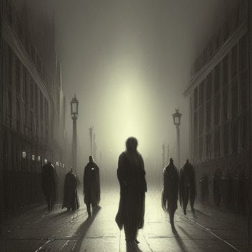 Noir London Street Scene in Horror Illustration Style