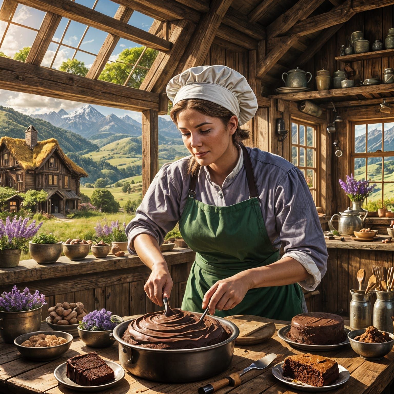Fantasy Scene: Woman Baking Cake for Cyclops