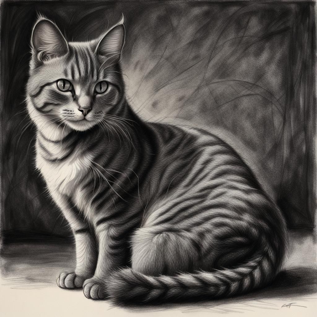 Graceful Cat: A Detailed Charcoal Drawing