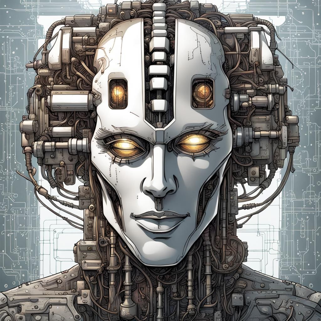 Rusted Metal Machine Head with Visible Circuitry