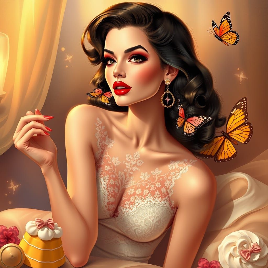 Elegant Pin-Up Goddess in Red Stiletto Boots and Lace Dress