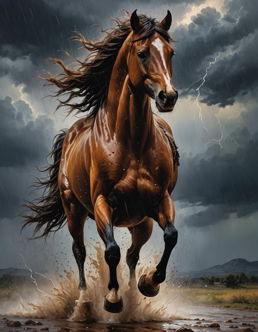 Majestic Mustang in Rainstorm: Oil Painting