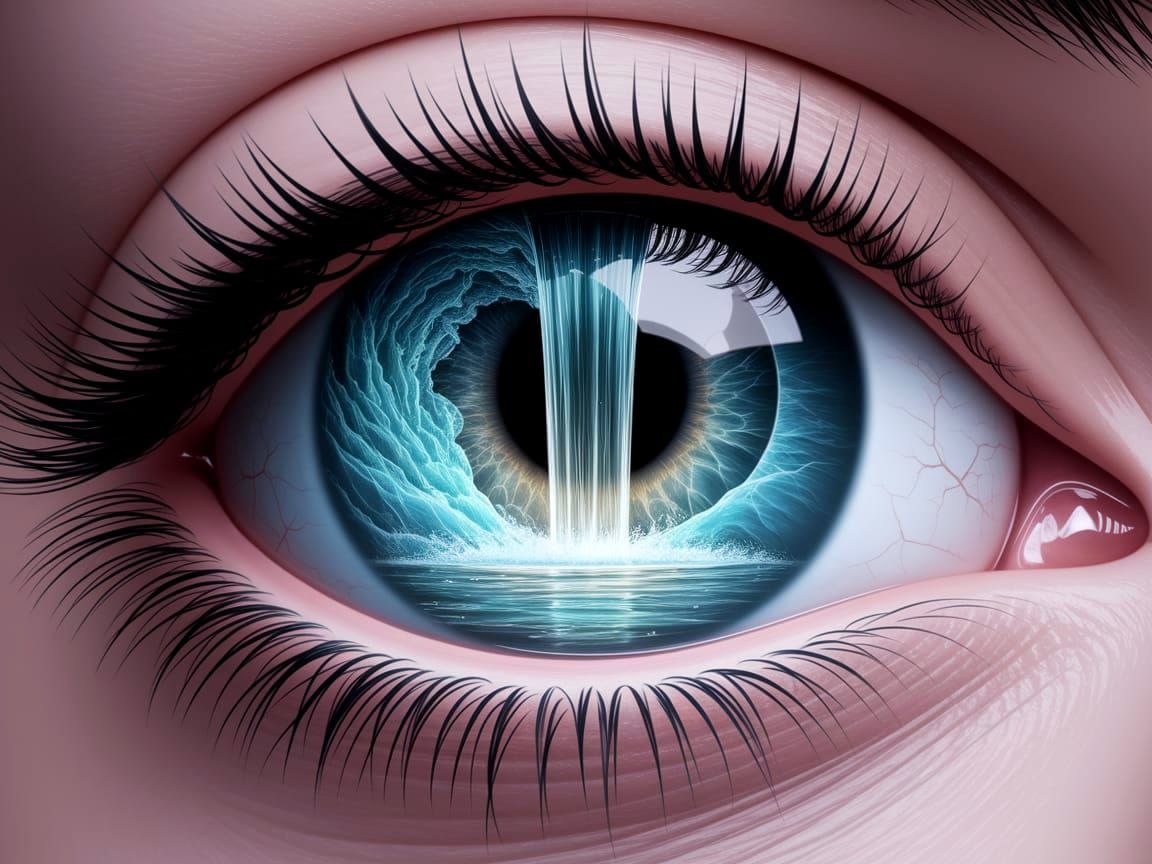 A close-up, minimalist surreal painting of a human eye. The ...