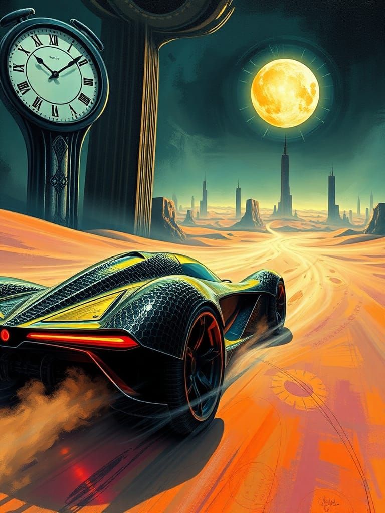 Biomechanical Supercar in Surrealist Landscape