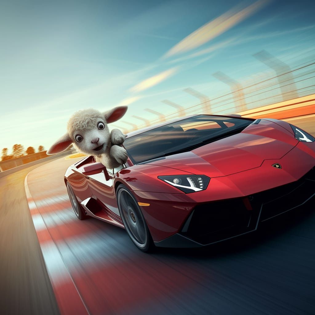 Frightened Lamb Drives a Lamborghini on Racetrack