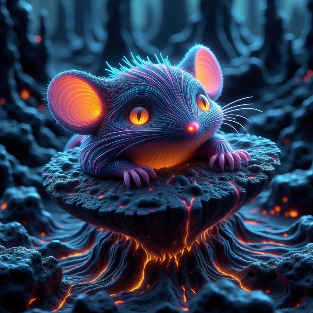 Biomechanical Chibi Mouse Blossoms on Obsidian Isle