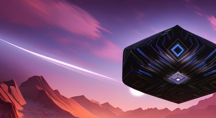 Floating Obsidian Crystal in Surreal Landscape