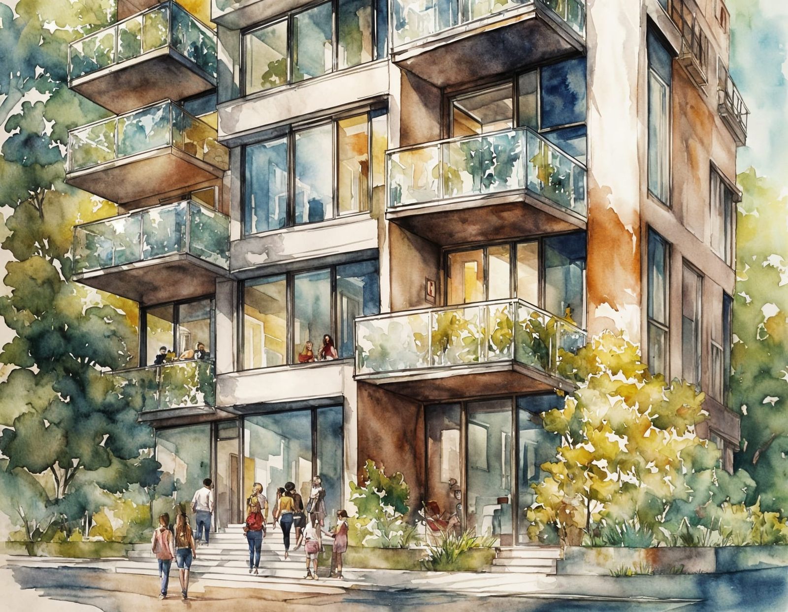 Watercolor Rendering: Modern Three-Story Apartment Building