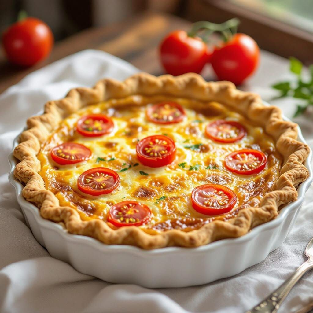 Golden Quiche with Ripe Tomatoes in Ceramic Dish