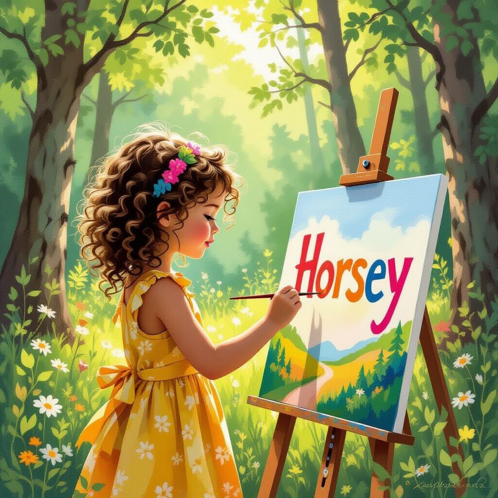 Girl Paints 'Horsey' in Forest, Folk Art Style