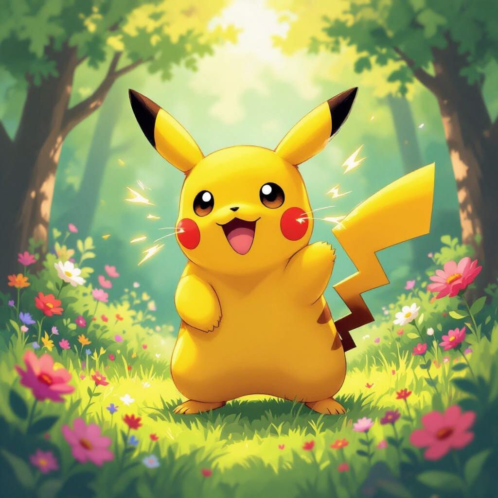 Pikachu in a Sun-Dappled Forest Clearing