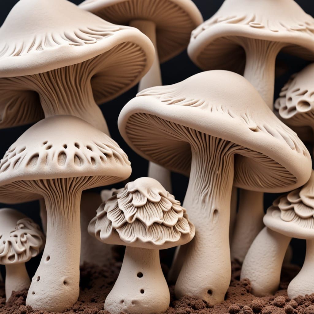 Vibrant Unglazed Clay Mushrooms in Close-Up