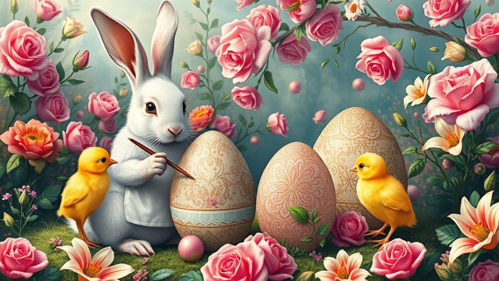 Easter Animals Painting Eggs in Fairytale Landscape