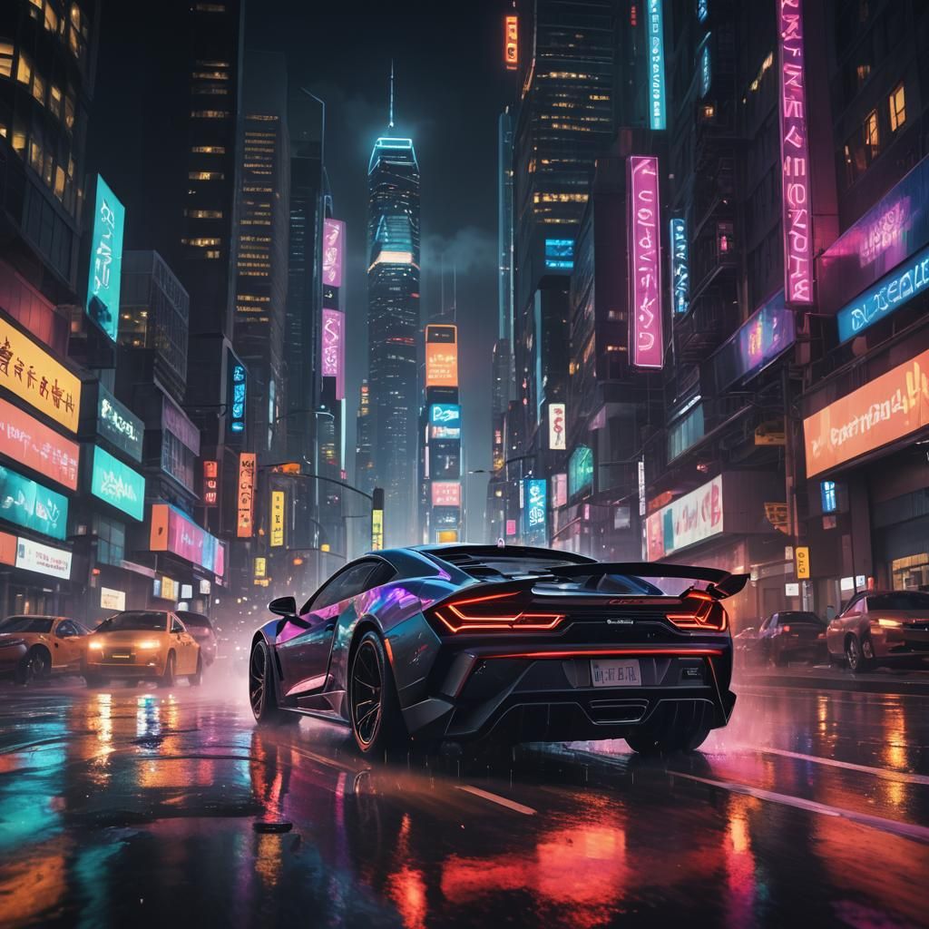 Super Car Driving Through Neon Cityscape: Fantasy Concept Ar...