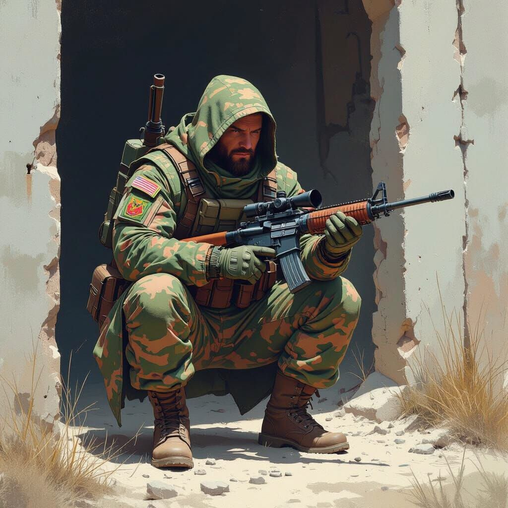 Camouflaged Figure in Dystopian Landscape with Rifle