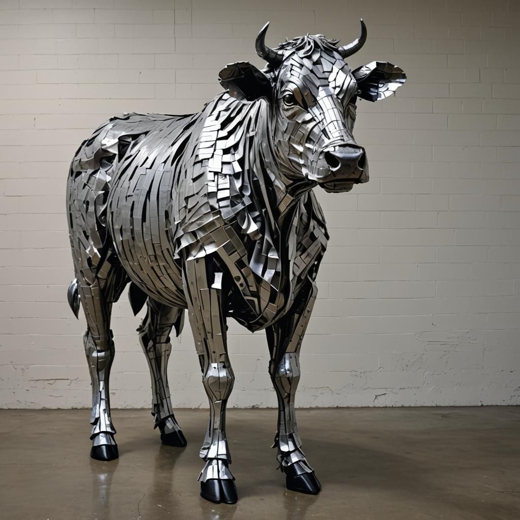 Duct Tape Cow Sculpture in Industrial Warehouse