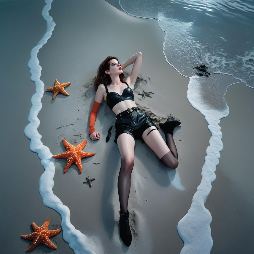 Anne Hathaway on Starfish Beach Under Moonlight