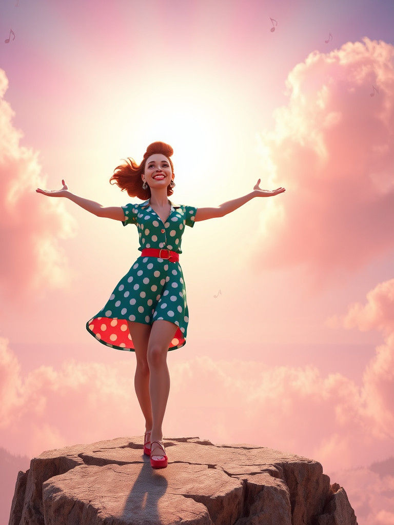Joyful Rockabilly Woman on Cliff in 3D Digital Art