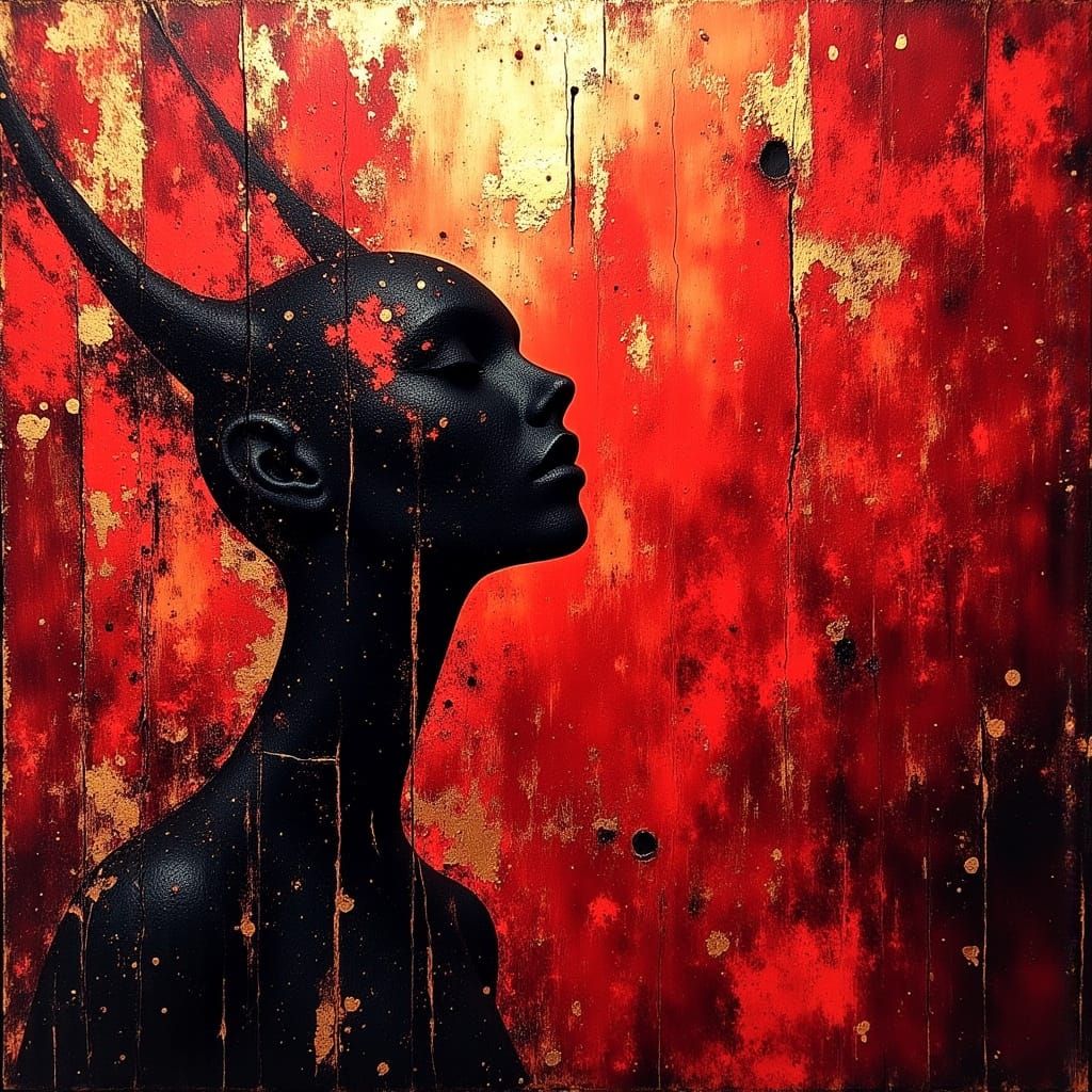 Surreal Morbid Painting with Metallic Gold Leaf Accents