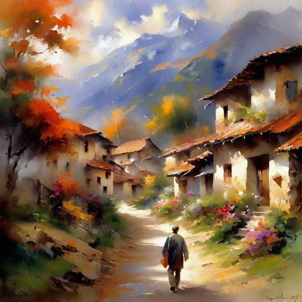 Binary Code Dream of a Serene Village Watercolor