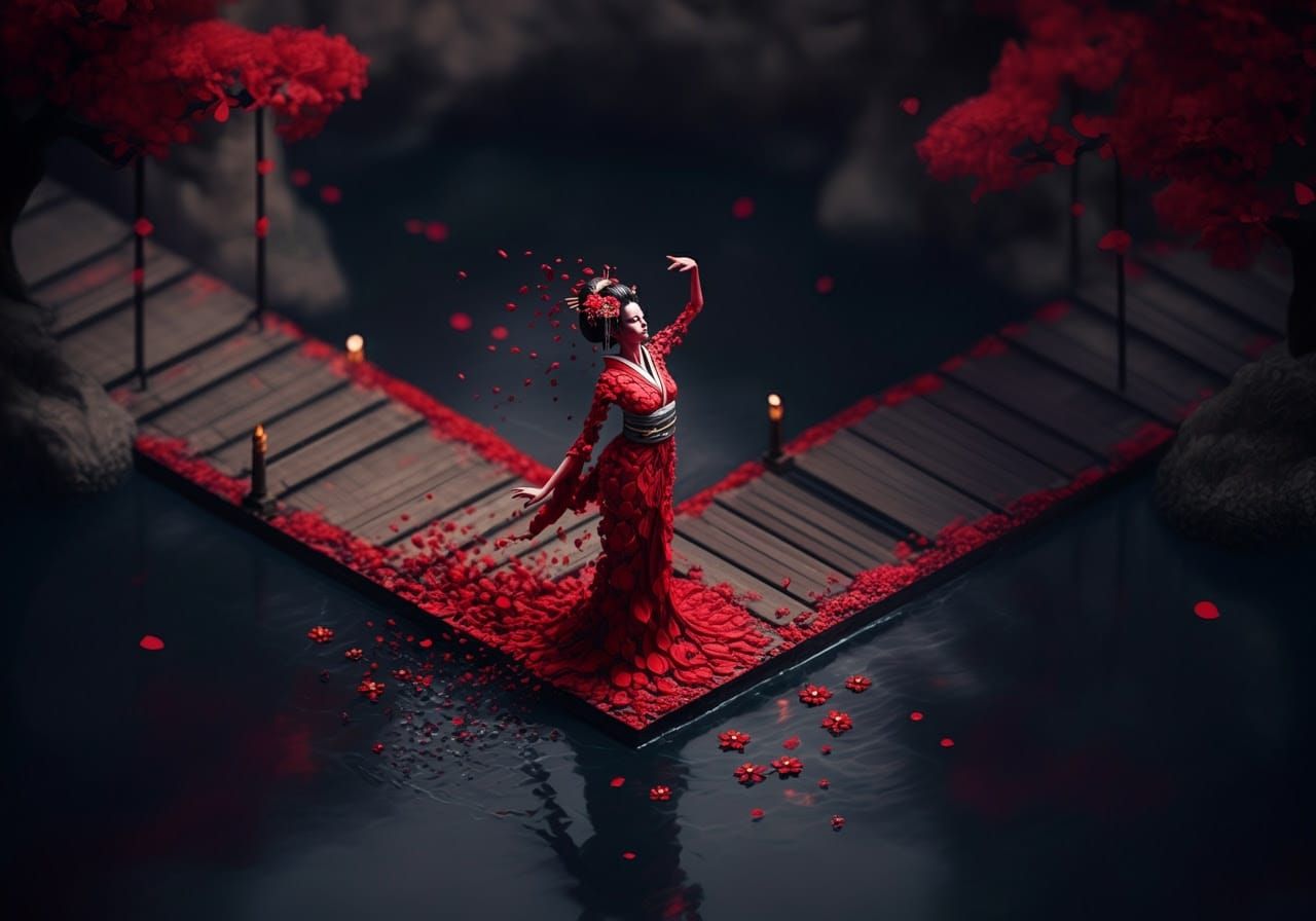 Dancing Geisha in Dark Fantasy Isometric Style