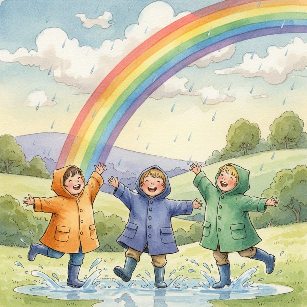 Children Joyfully Watch Rainbow After Rain in Storybook Styl...