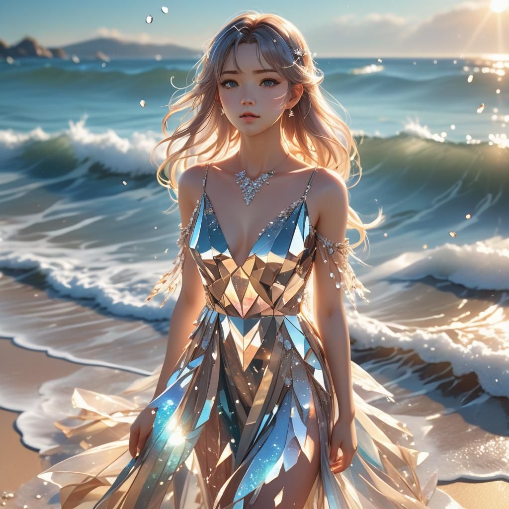 Crystal Woman on a Serene Beach in Anime Art