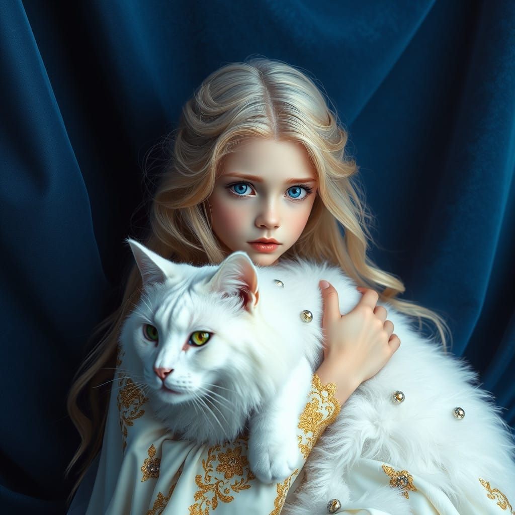 Elegant Lady with Majestic White Cat in Whimsical Fantasy Se...