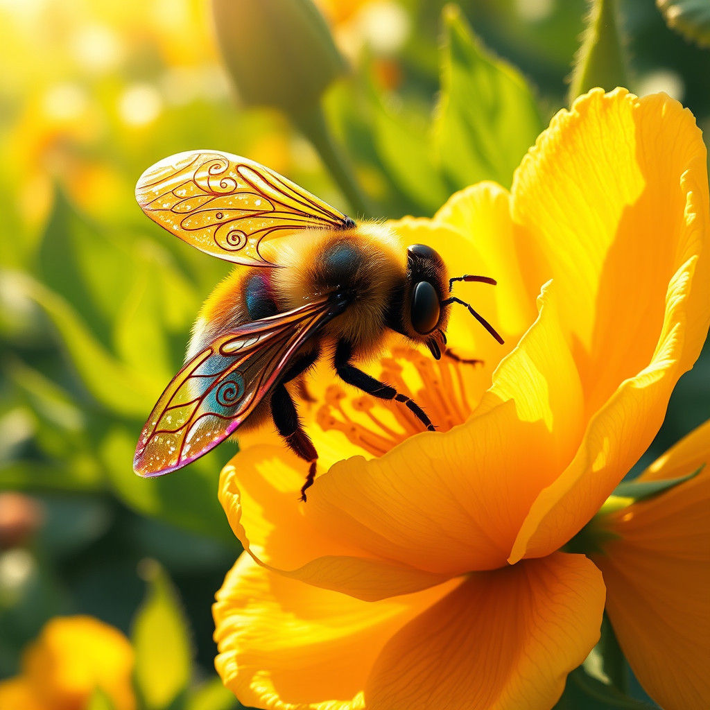 Iridescent Bee on Golden Flower, Impressionistic Style