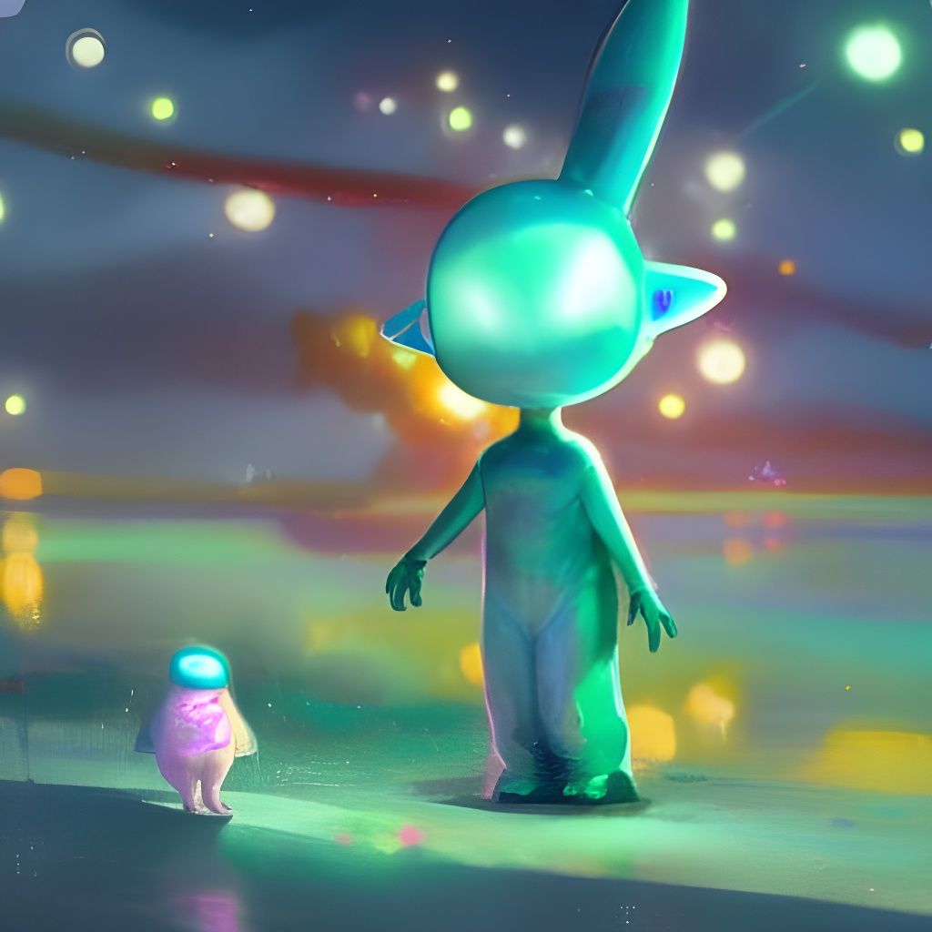 Cute Glowing Alien Under Aurora Sky