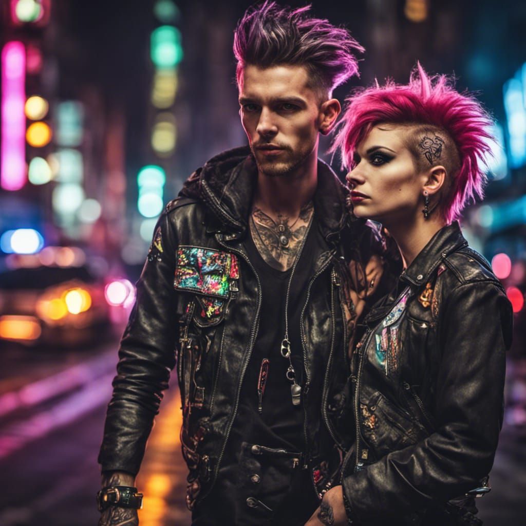 Hyperrealistic Portrait of Punk Couple in Neon City