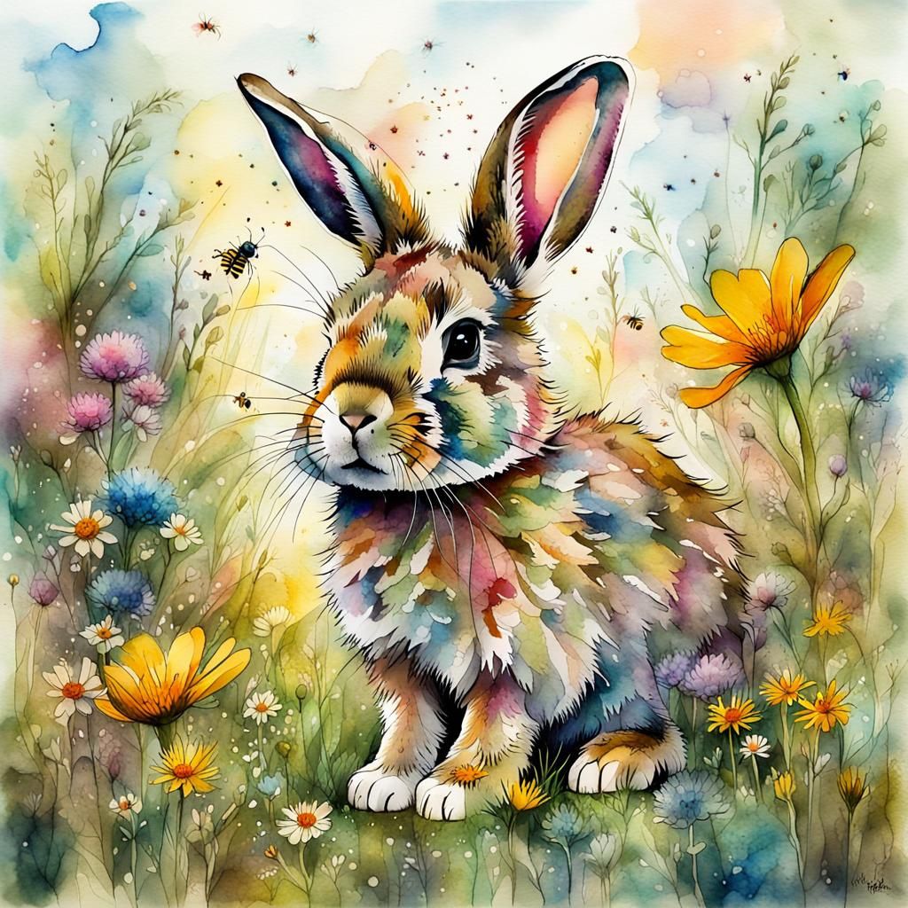 Watercolor Baby Rabbit in Wildflower Field